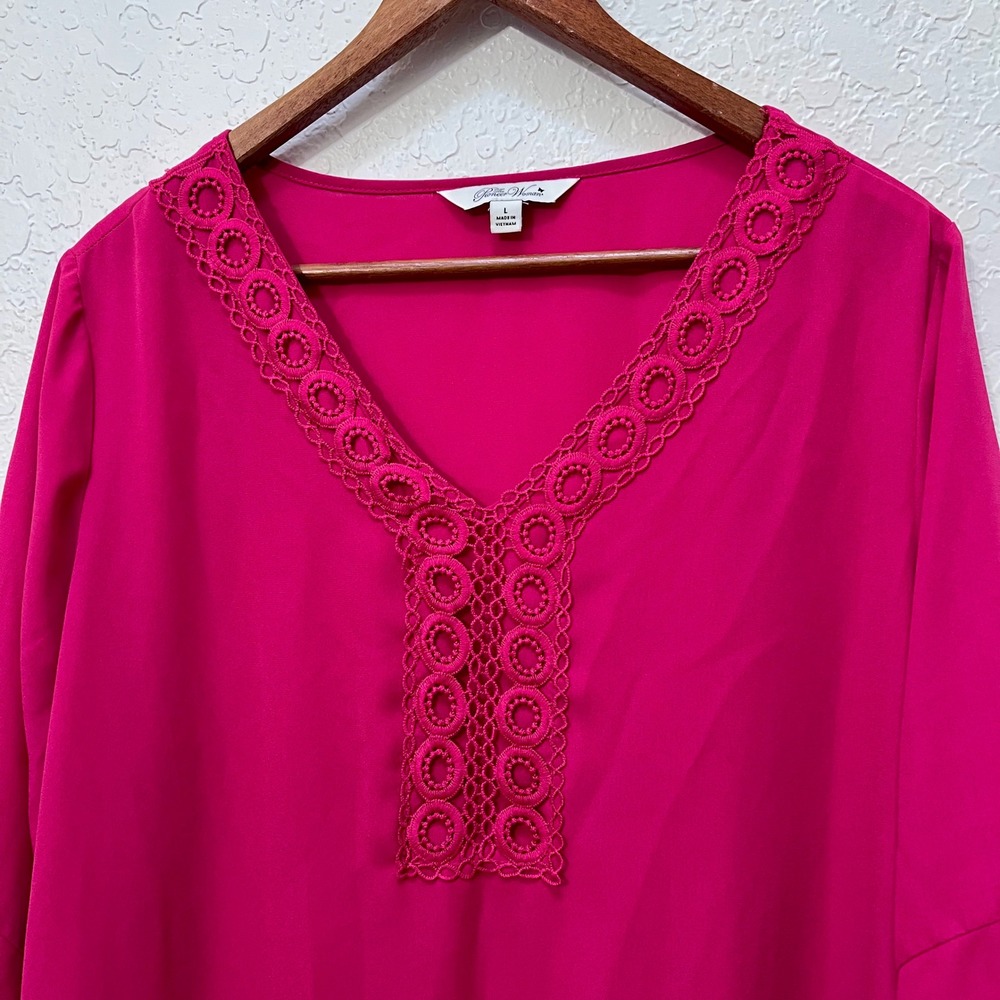 The Pioneer Woman Fuschia Crochet V-Neck Sharkbite Hem Blouse Boho Large - Picture 3 of 7